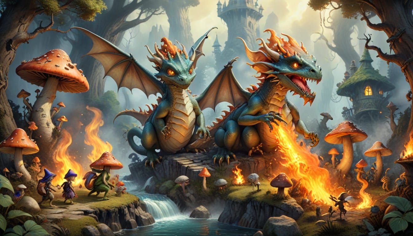Friendly Dragons in Whimsical Fantasy Landscape