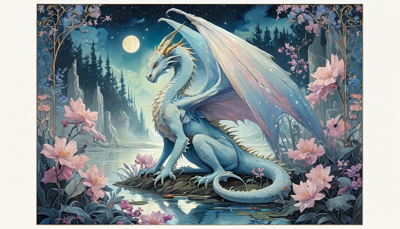 Dragon in Swamp: Art Nouveau Silk Painting