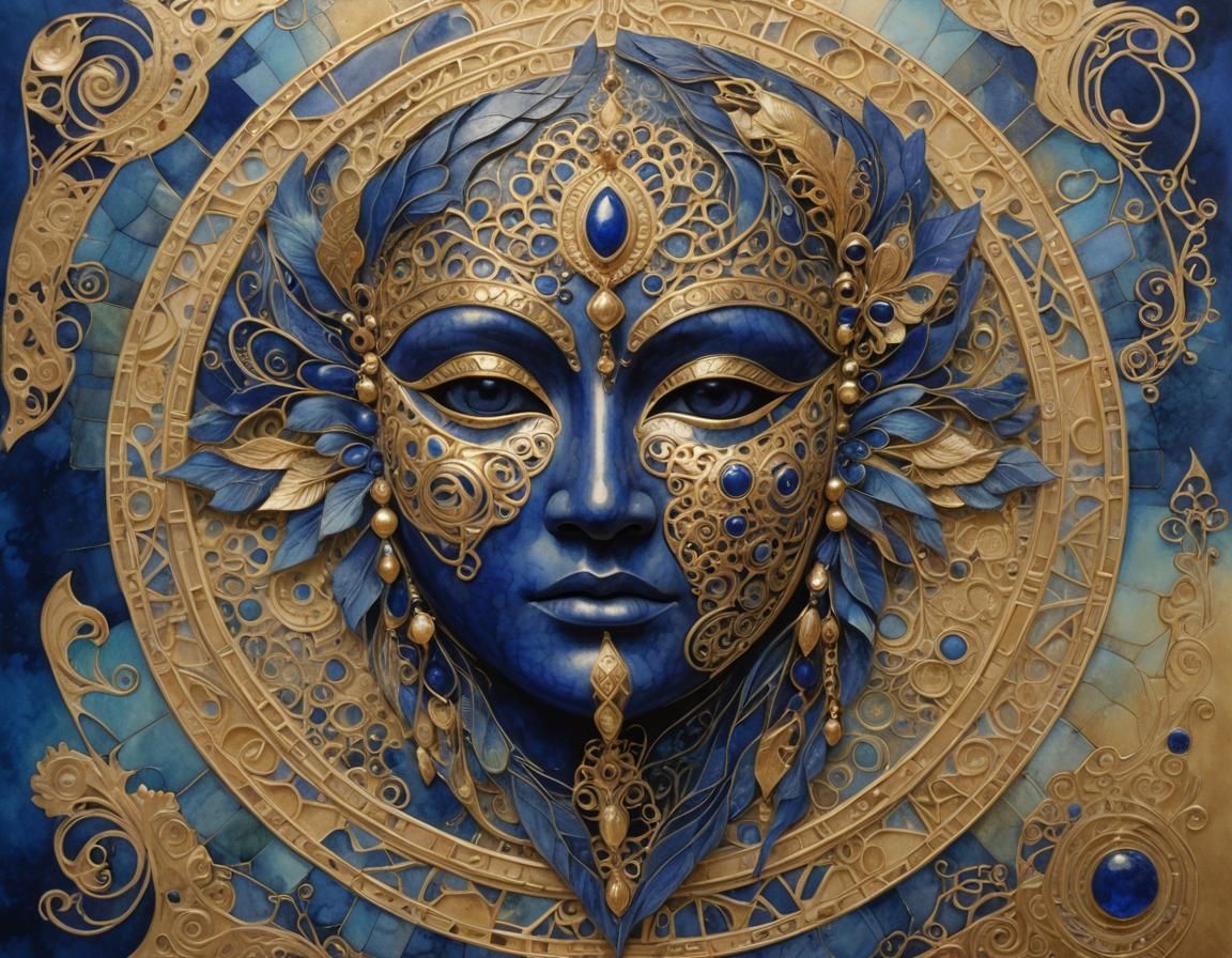 Lapis Lazuli Mask with Gold Zentangle in Impasto