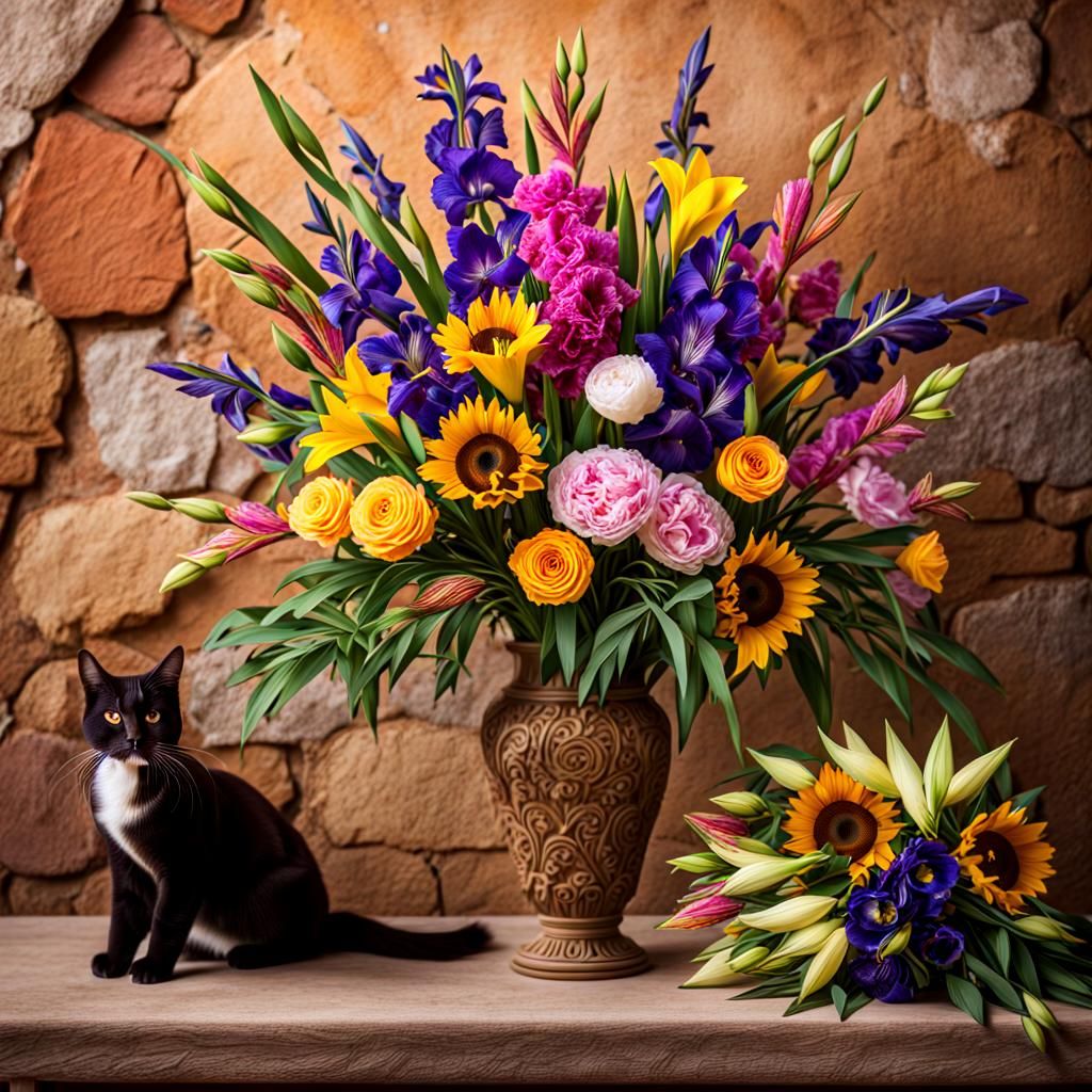 Photorealistic Bouquet of Flowers with Cat