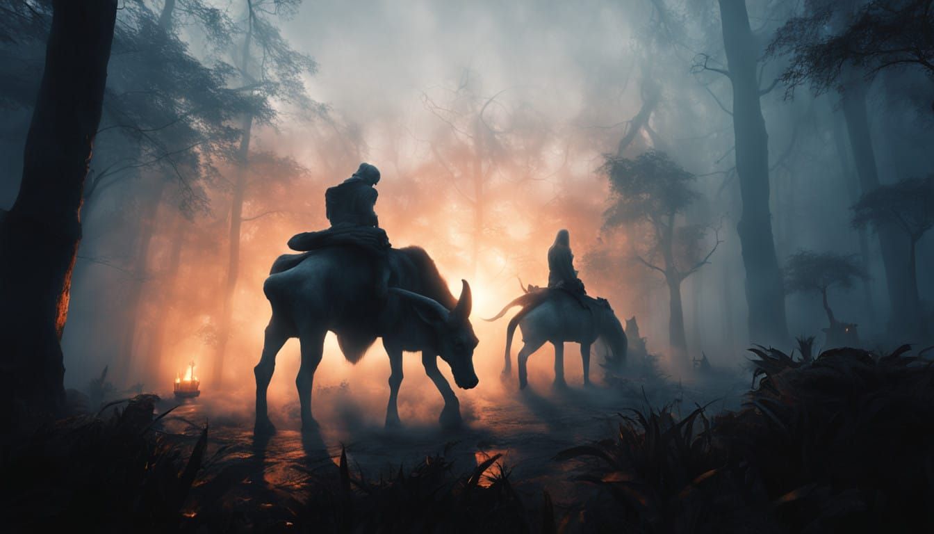 Mysterious Entity Emerges from Misty Fog in a Vibrant, Triad...