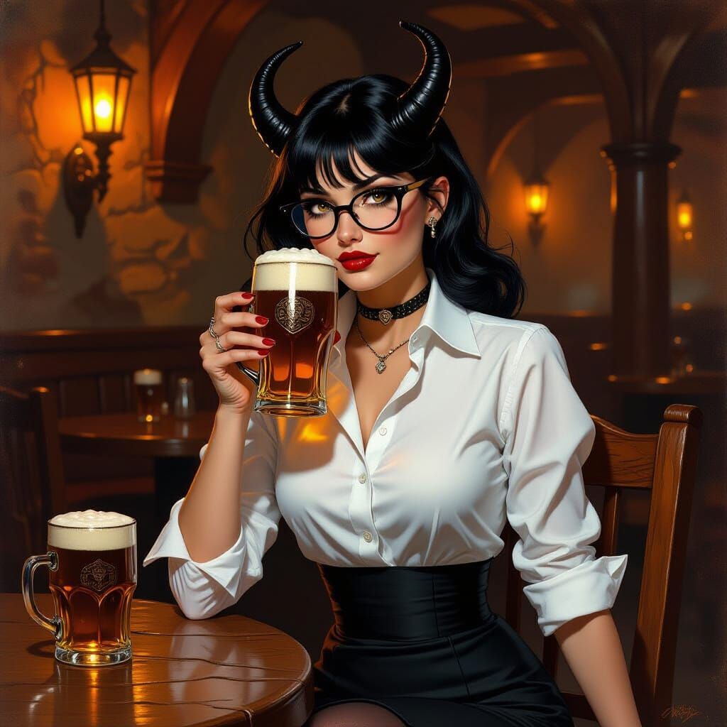Fantasy Tavern Scene: Horned Woman in Oil Painting