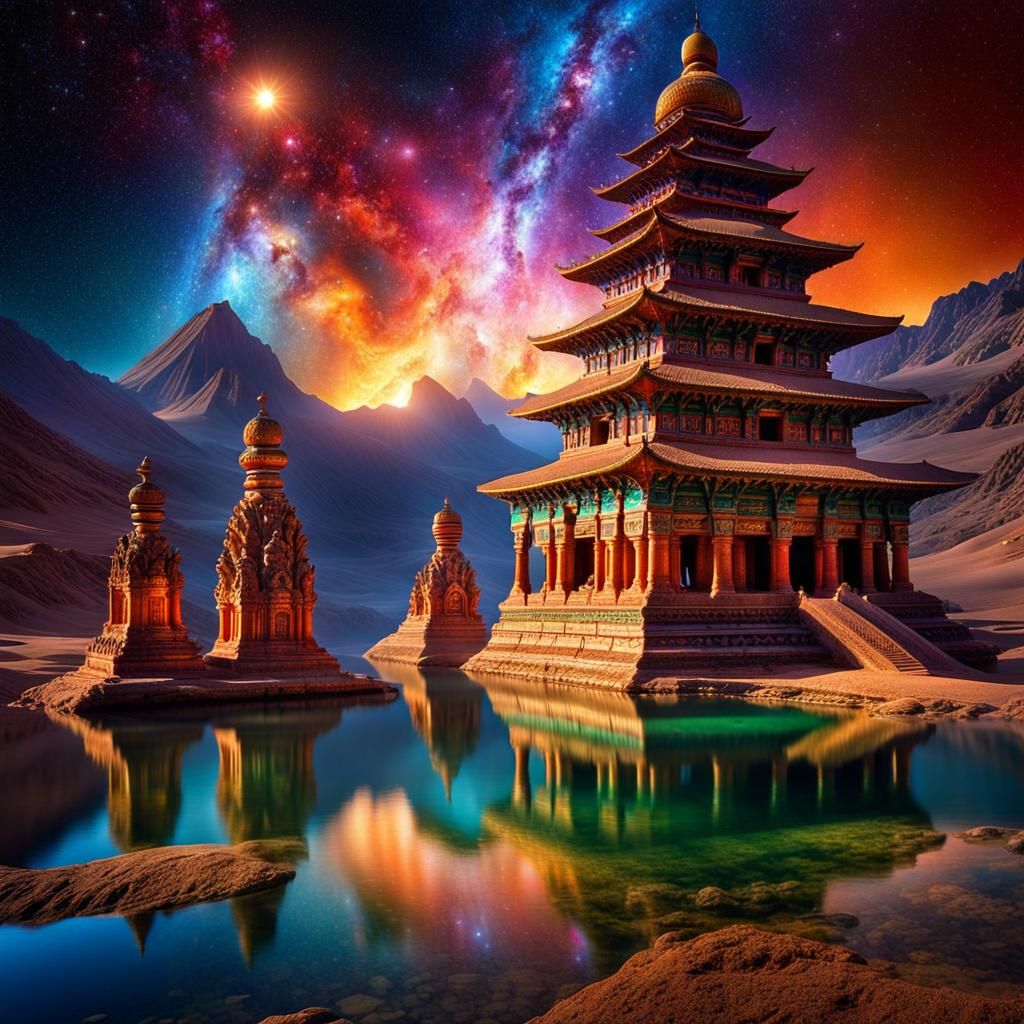 Ancient Temple Floating in Cosmic Space