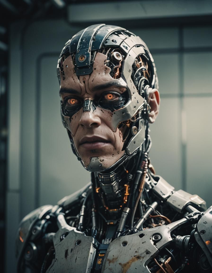 Cyborg Face Construction: Cinematic Film Still