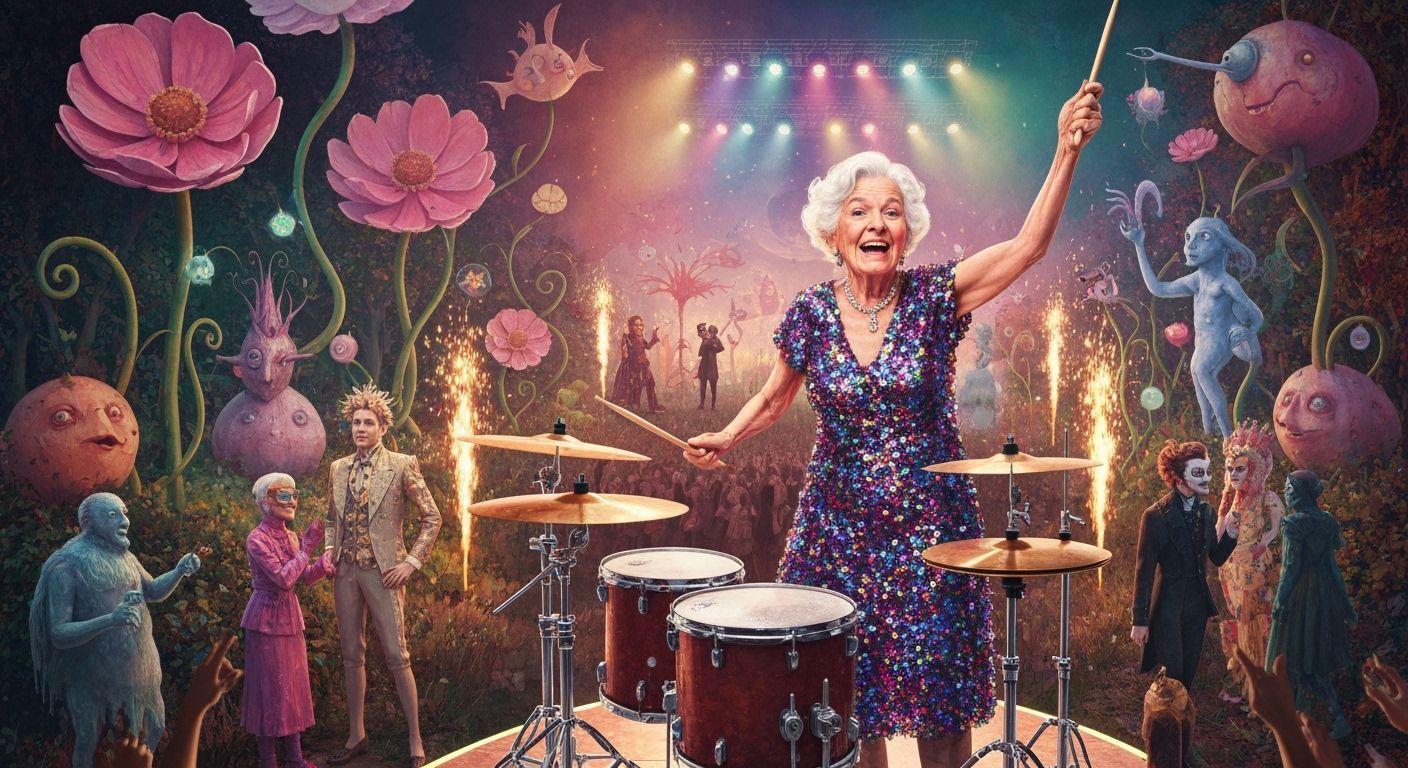 Elderly Woman Shreds Drums in Hyperrealistic Style