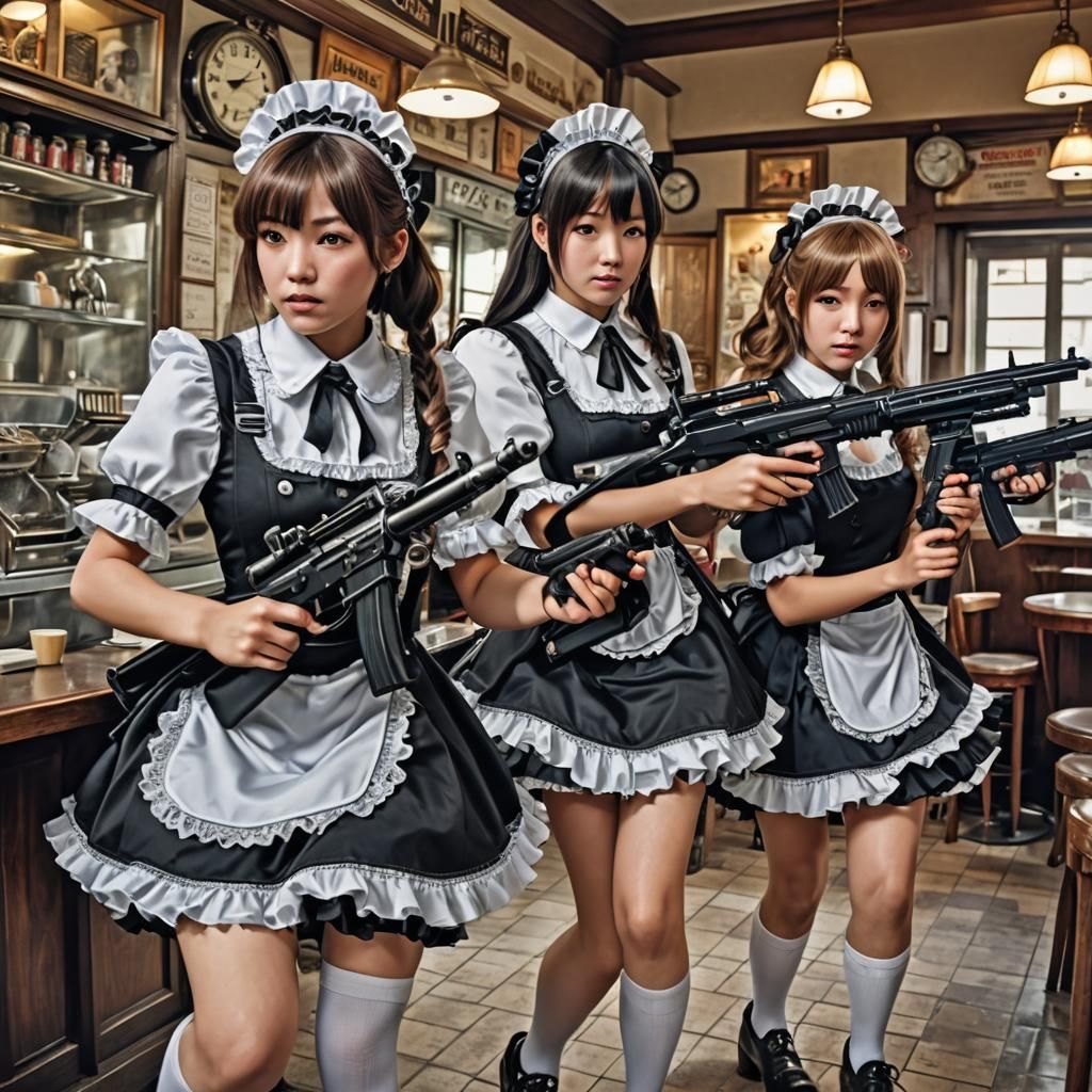 Anime Maids in Cafe Firing Machine Guns