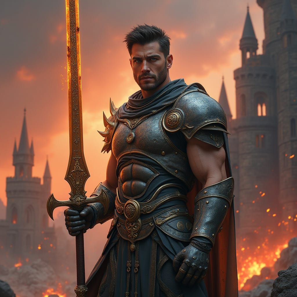 Epic Space Warrior Defends Burning Castle