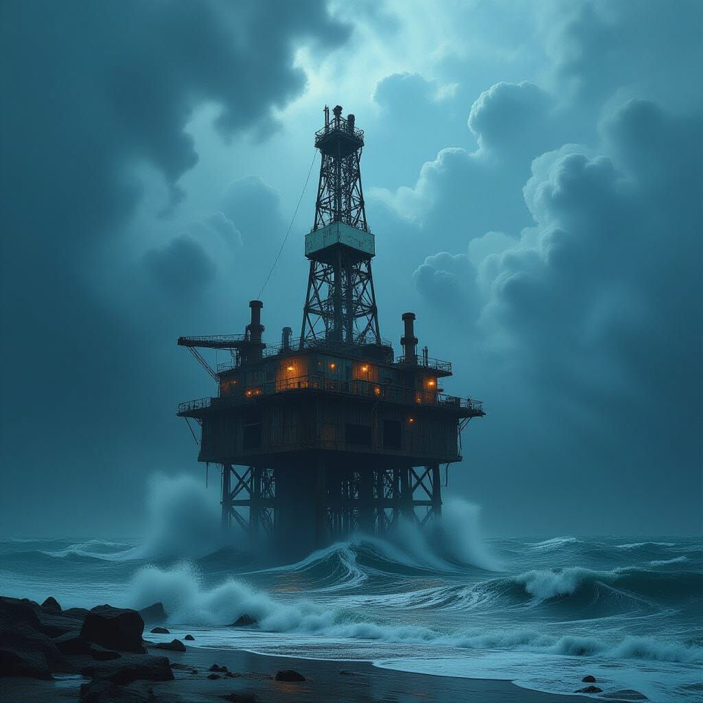 Stormy Seas: Abandoned Oil Rig in Dark Fantasy Style