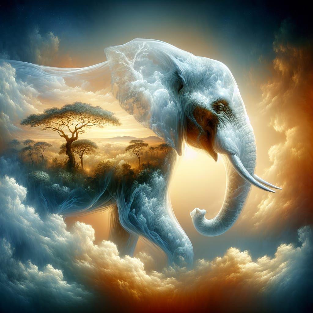 Ethereal Elephant with Translucent African Landscape