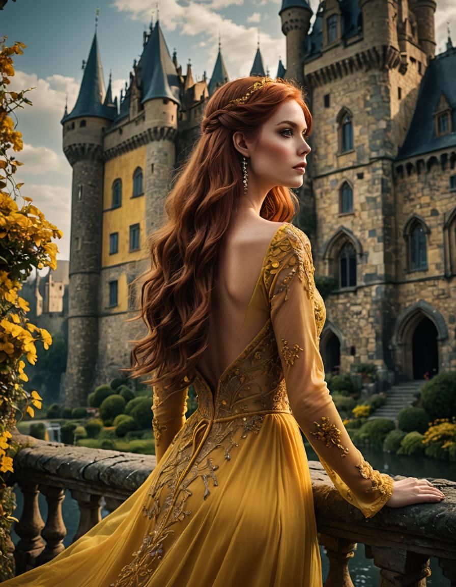 Auburn Haired Woman Gazing at Fantasy Castle