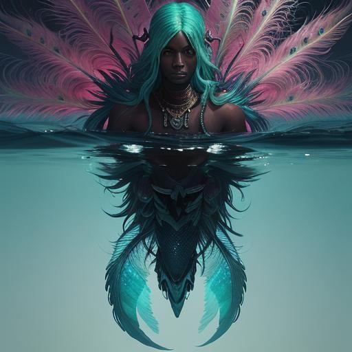 Iridescent Mermaid with Peacock Tail Fantasy Art