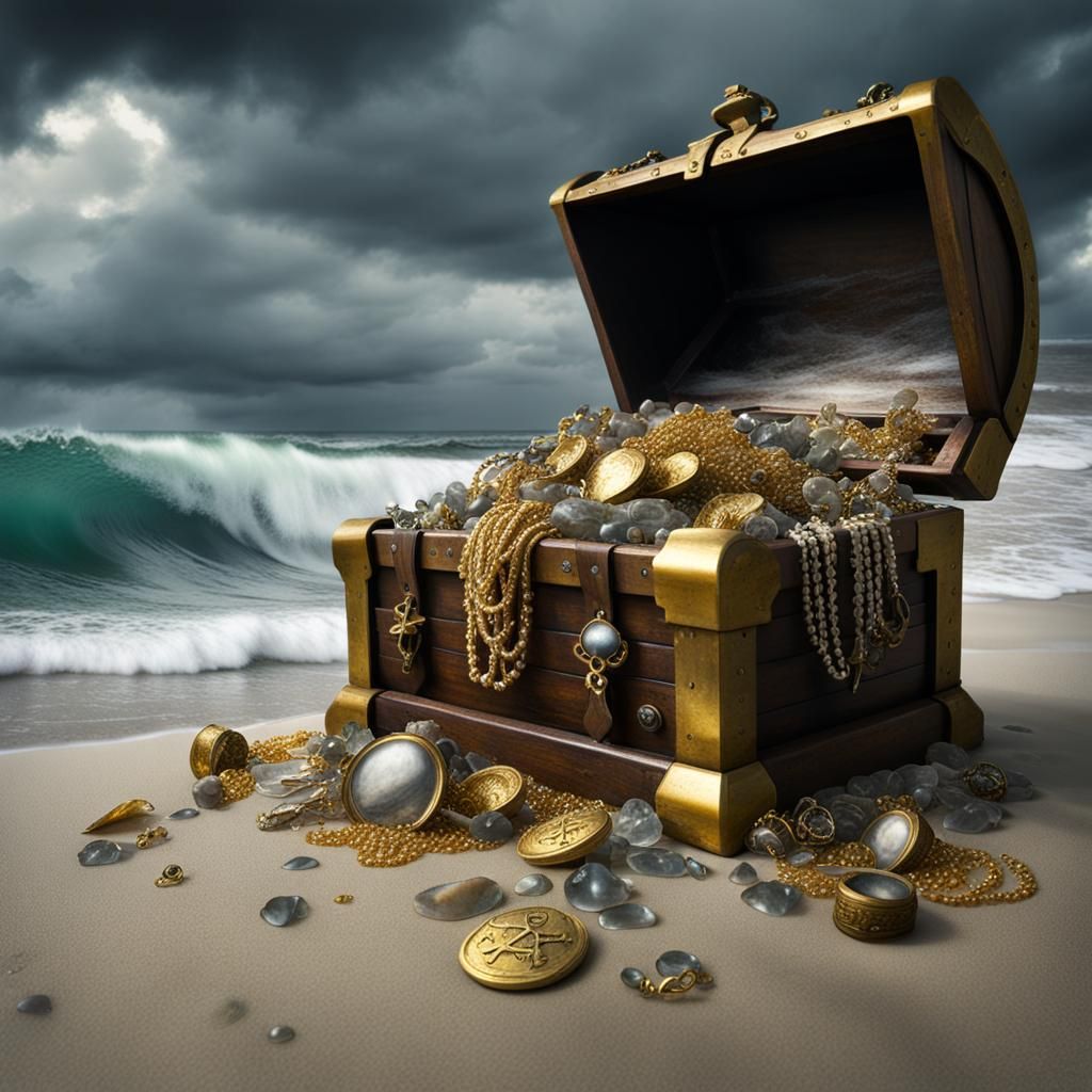 pirates bounty beached, broken treasure chest spilling out j...