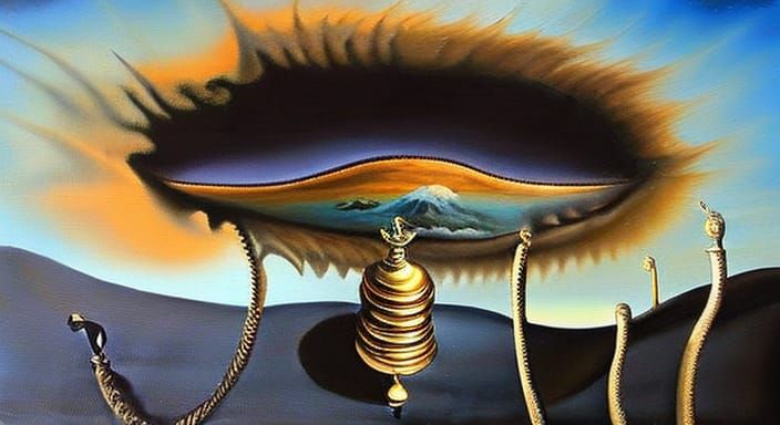 Surreal Steampunk Eye in the Sky Oil Painting