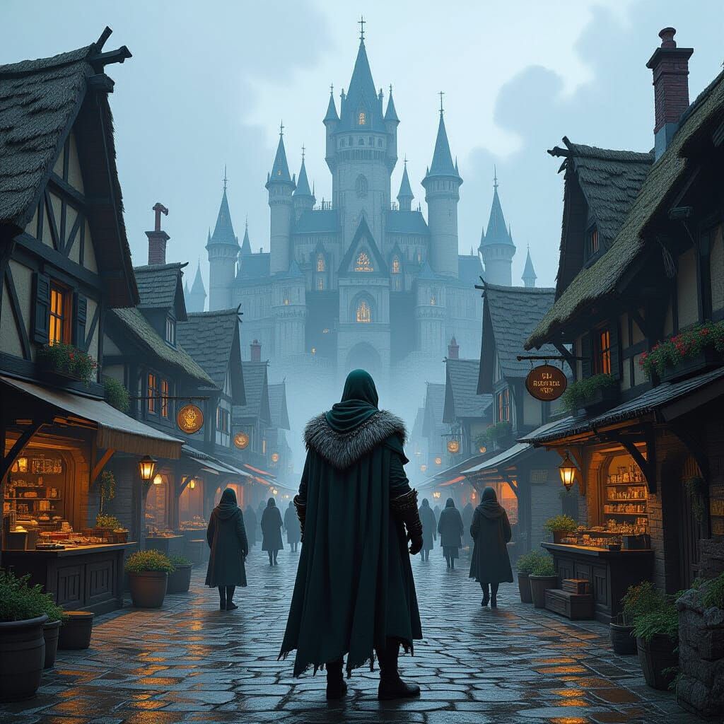 Heroic Figure in Bustling Medieval Fantasy Town