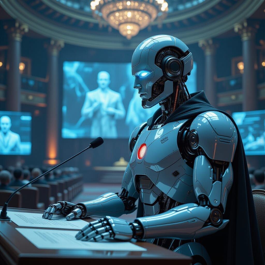 Historical Cyborg Addresses Nation in Futuristic Hall