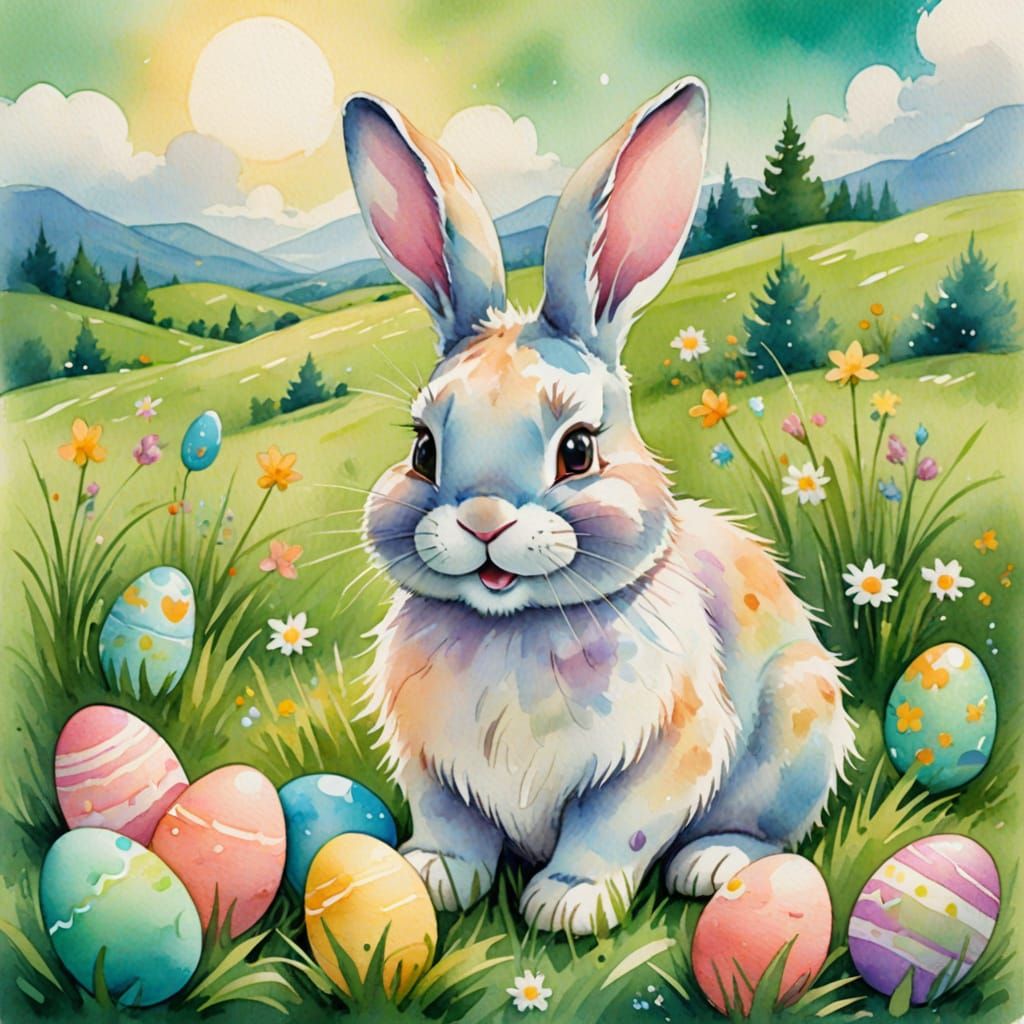 Whimsical Easter Bunny in a Lush Watercolor Meadow