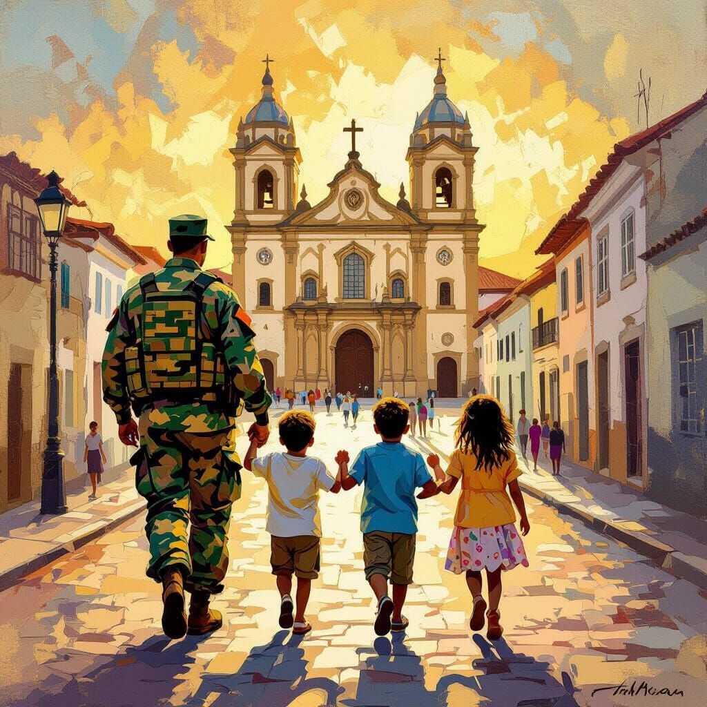 Marine Dad and Children at Church, Brazilian Art Style