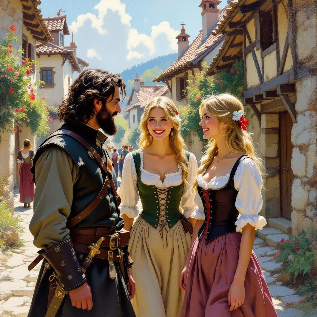 Medieval Soldier Flirts with Villagers in Sunny Village Pain...