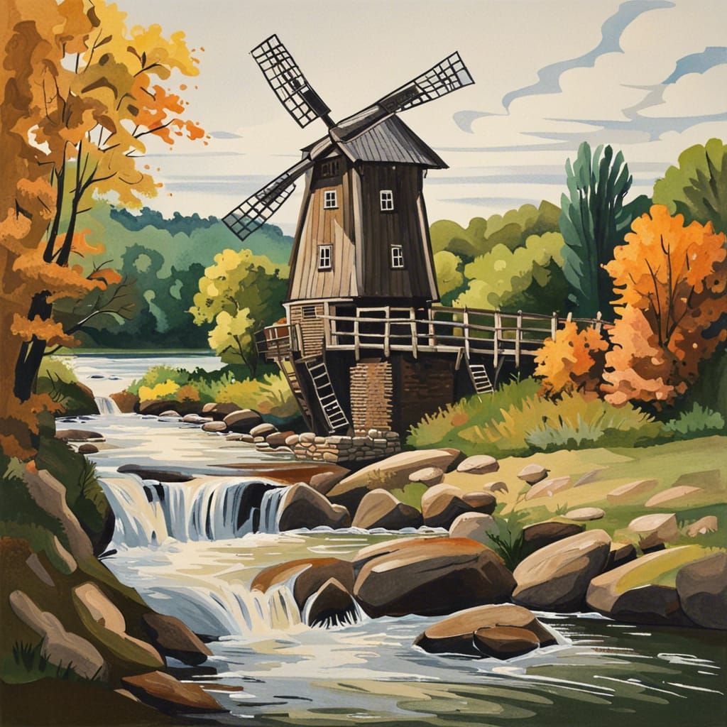Gouache Painting of a Mill by the River