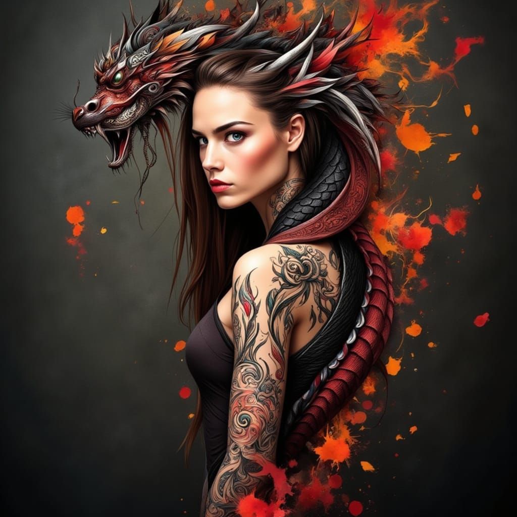 Woman's Dragon Tattoo in Pop Art and Biomechanical Style
