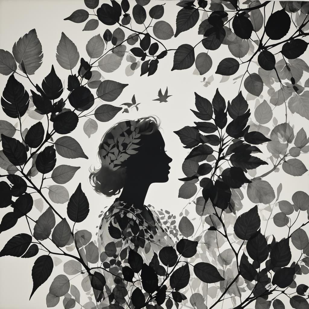 Monochrome Photogram of Girl with Bird and Feathers