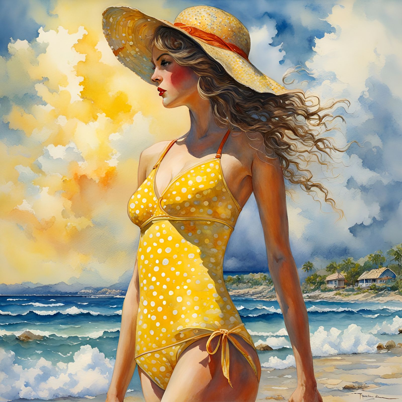 Girl in Polka Dot Bikini: Watercolor Beach Scene