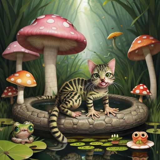 Surreal Kitten-Frog Hybrid in Snake Mouth, 3D Pixar Style