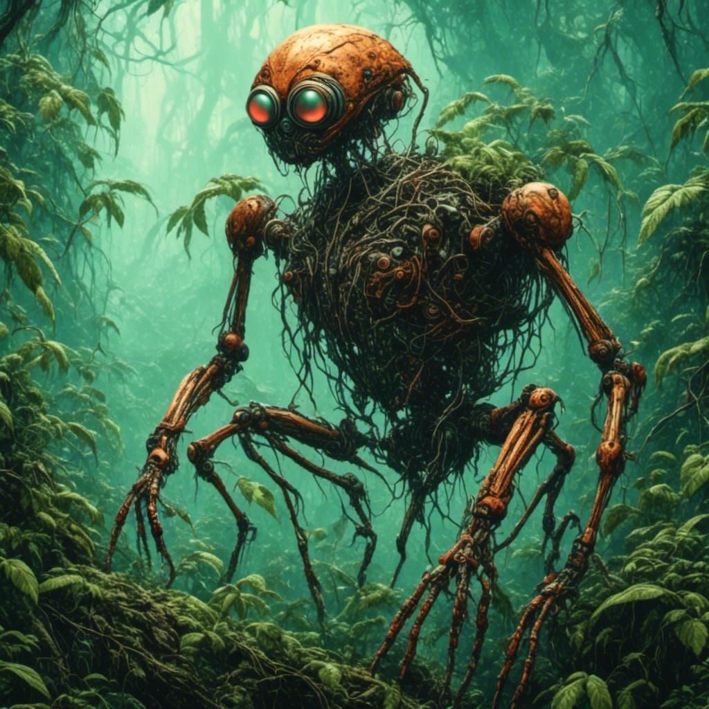 Humanoid insectoid hybrid plant exoskeleton bad anatomy disfigured extra limbs body out of frame bad anatomy extra limbs...