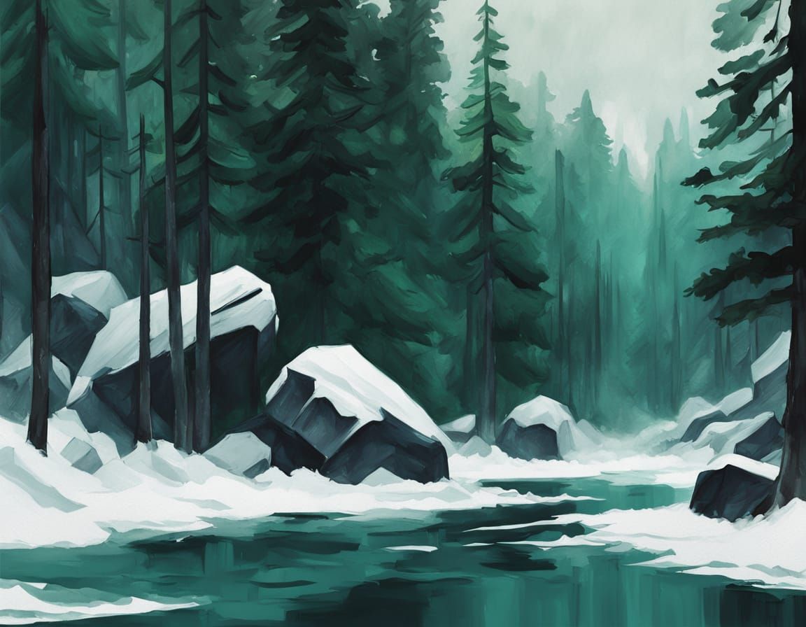 Misty Forest with Rocks in Gouache Style