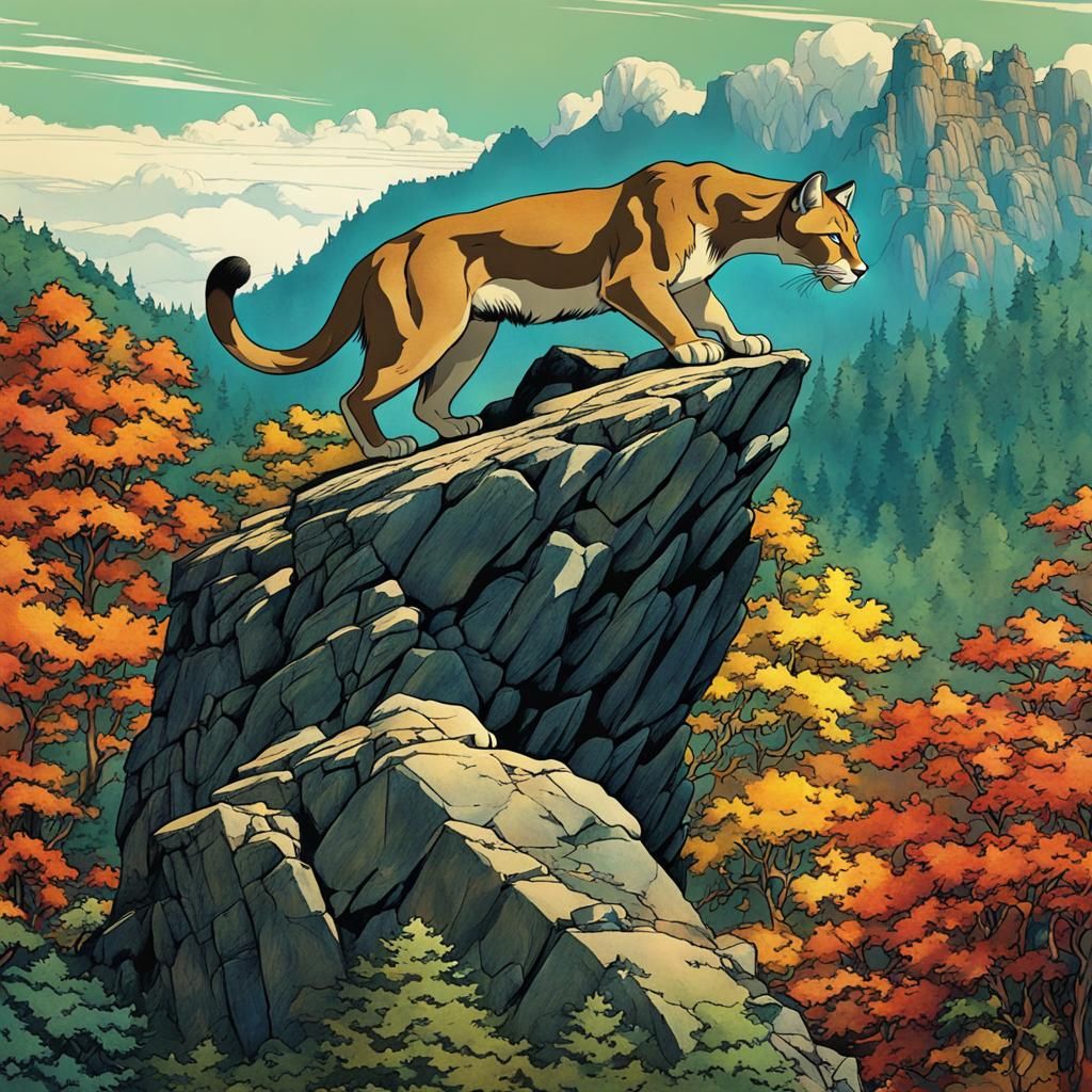 Anime Cougar Overlooking Forest in Rackham Style