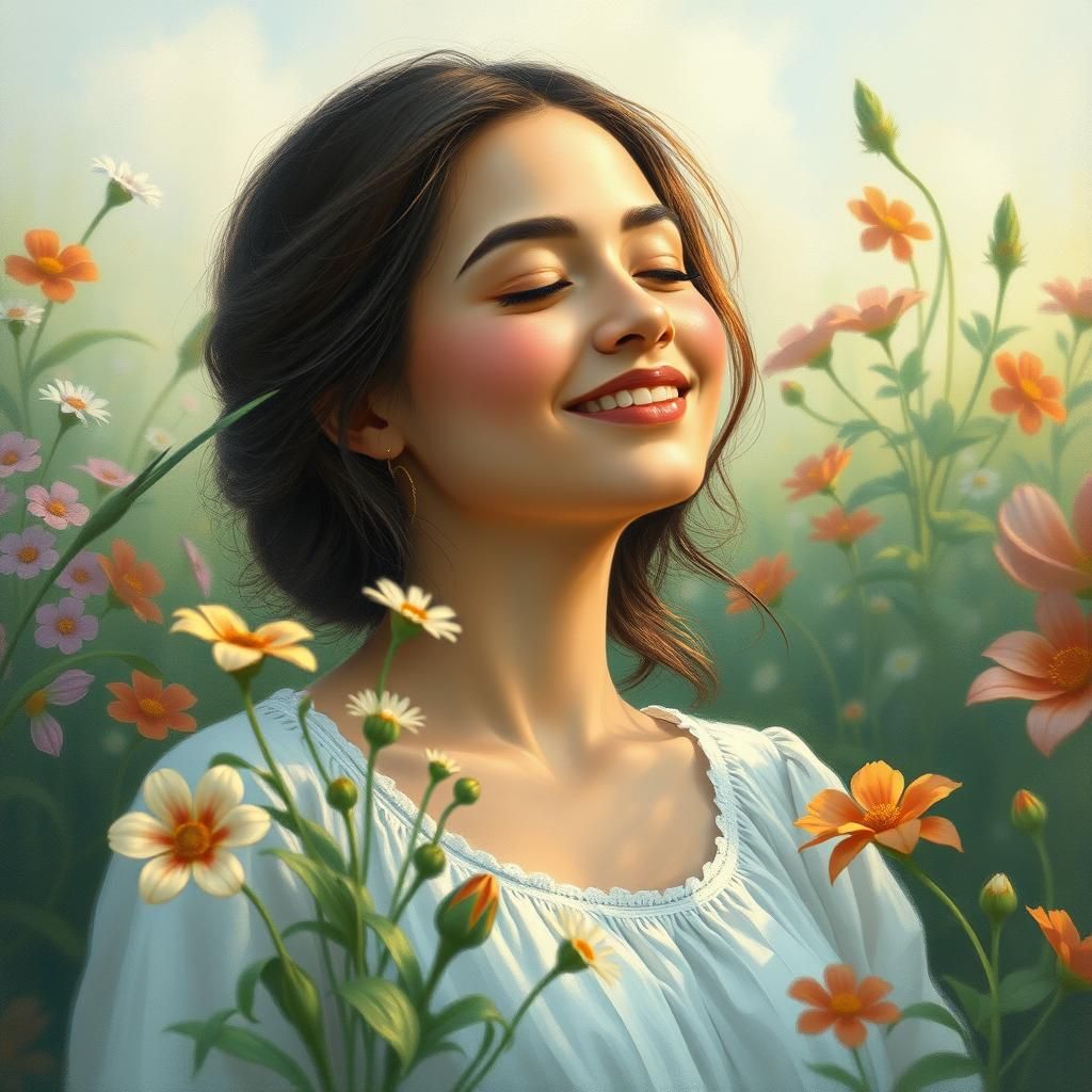 Peaceful Woman Surrounded by Flowers, in Painterly Style