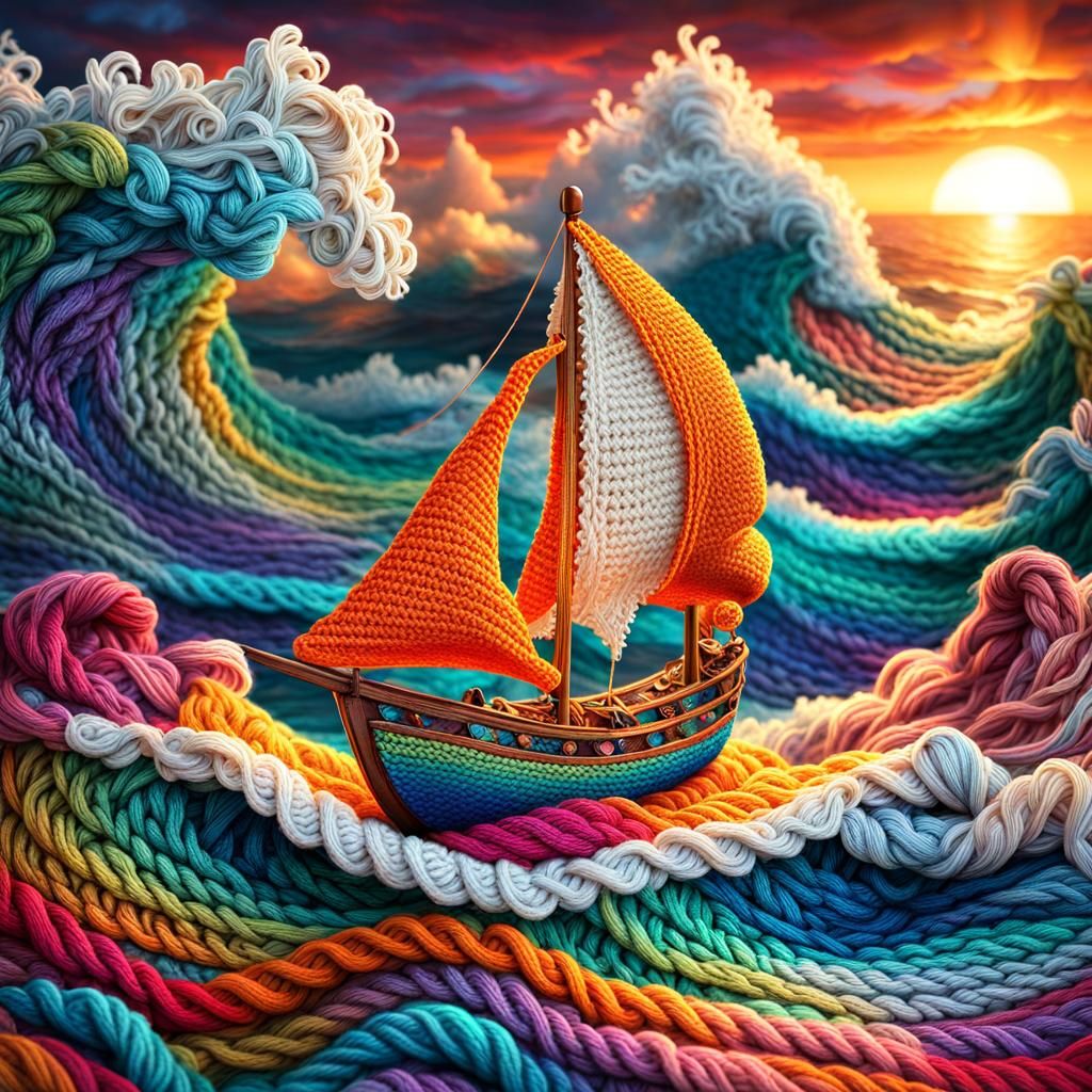 Psychedelic Yarn Ocean with Knitted Crochet Boat