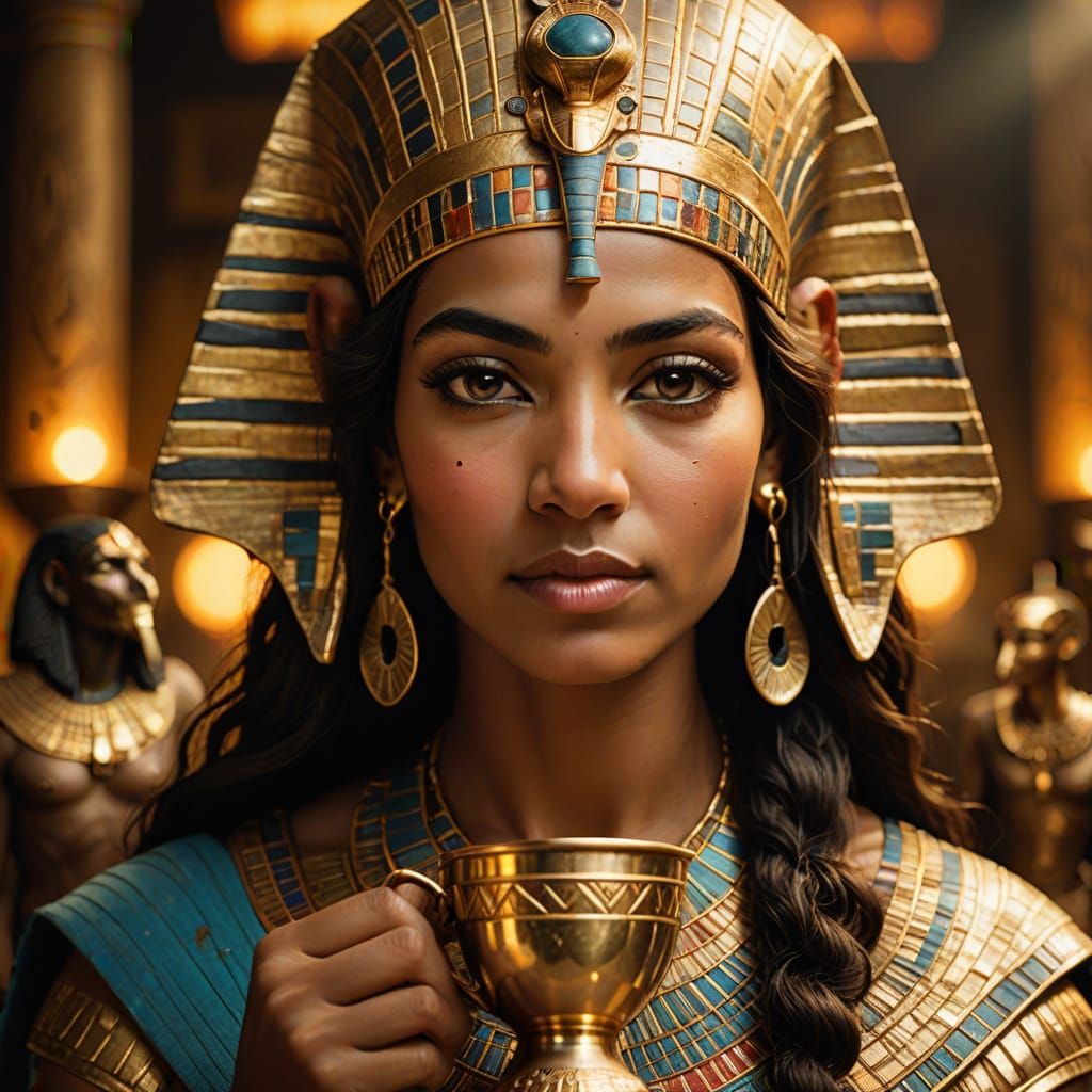 Egyptian Goddess in Regal Elegance with Golden Lighting