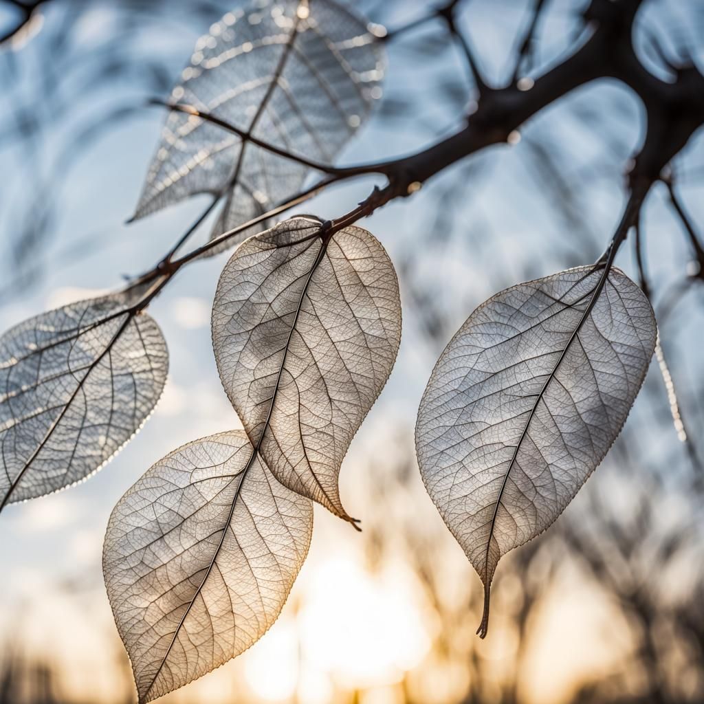 Translucent Skeleton Leaves on Branch in Sunlight