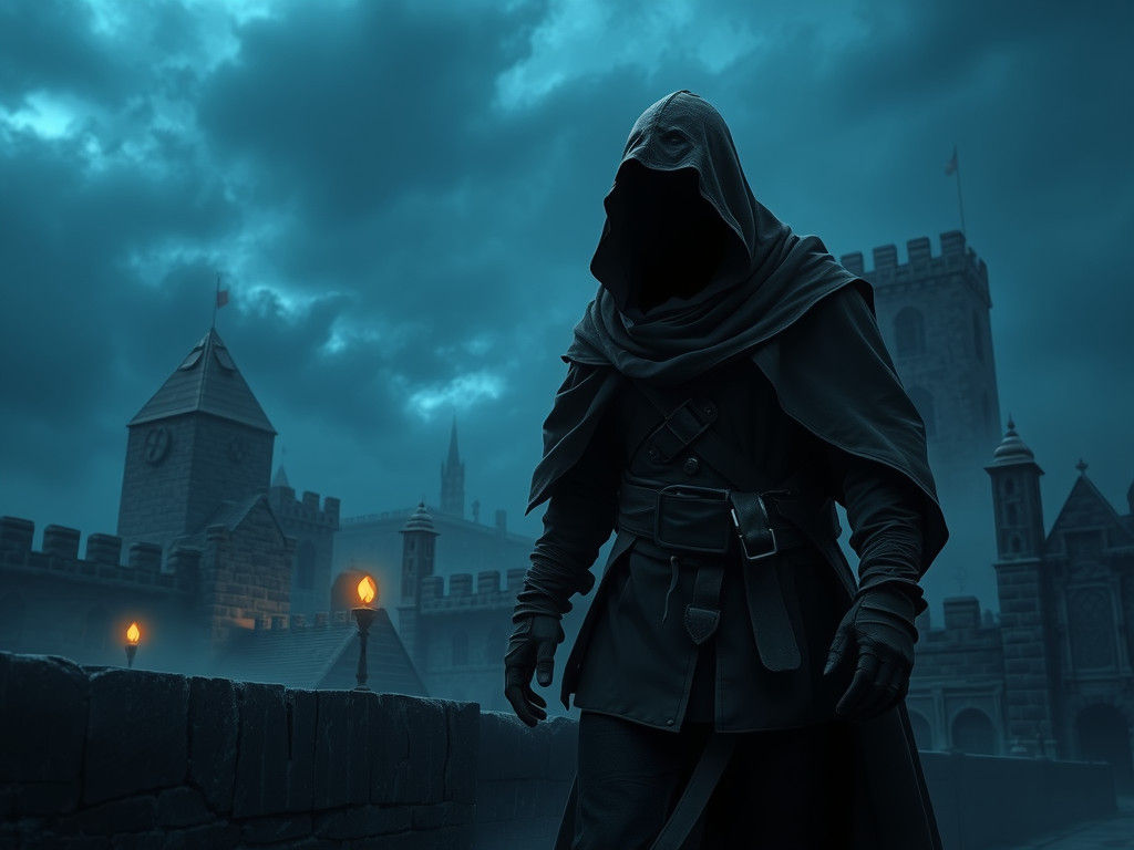 Cloaked Figure Creeps Through Medieval Cityscape