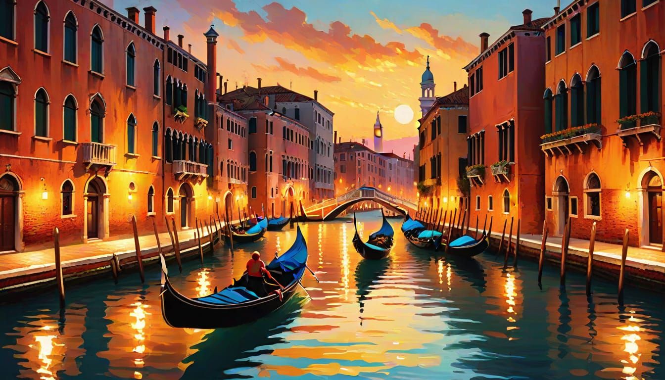 Venice Gondola Ride at Sunset in Neo-Impressionism