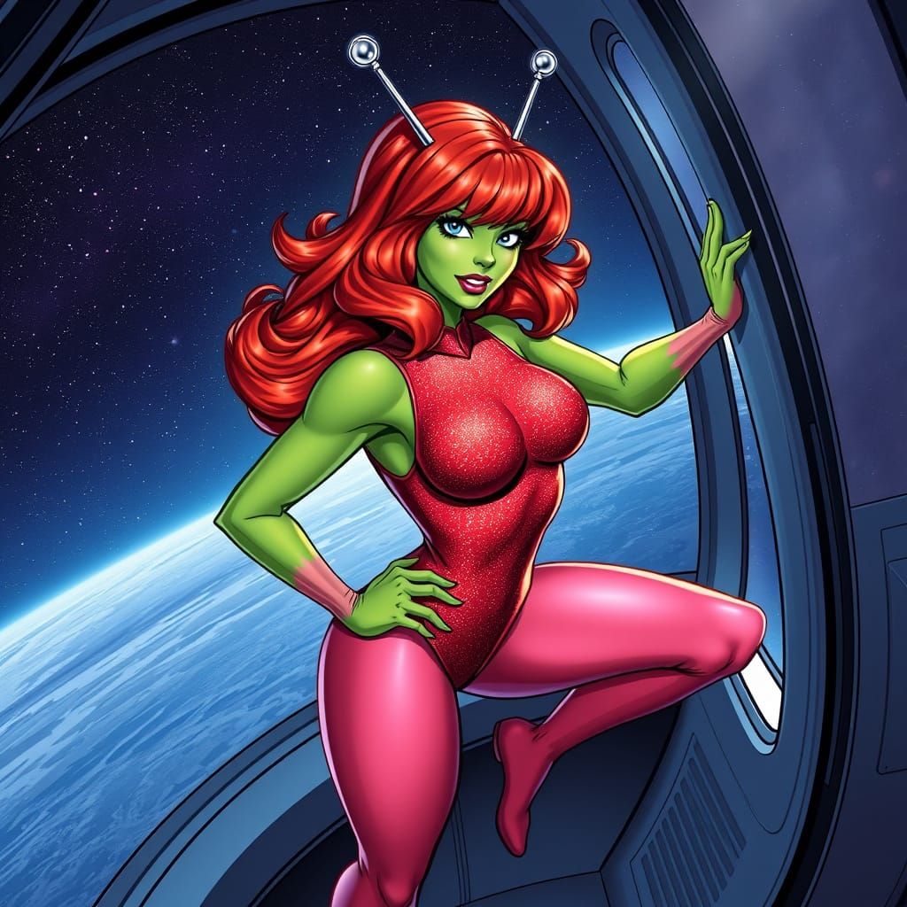 Sultry Green Skinned Superhero in Space