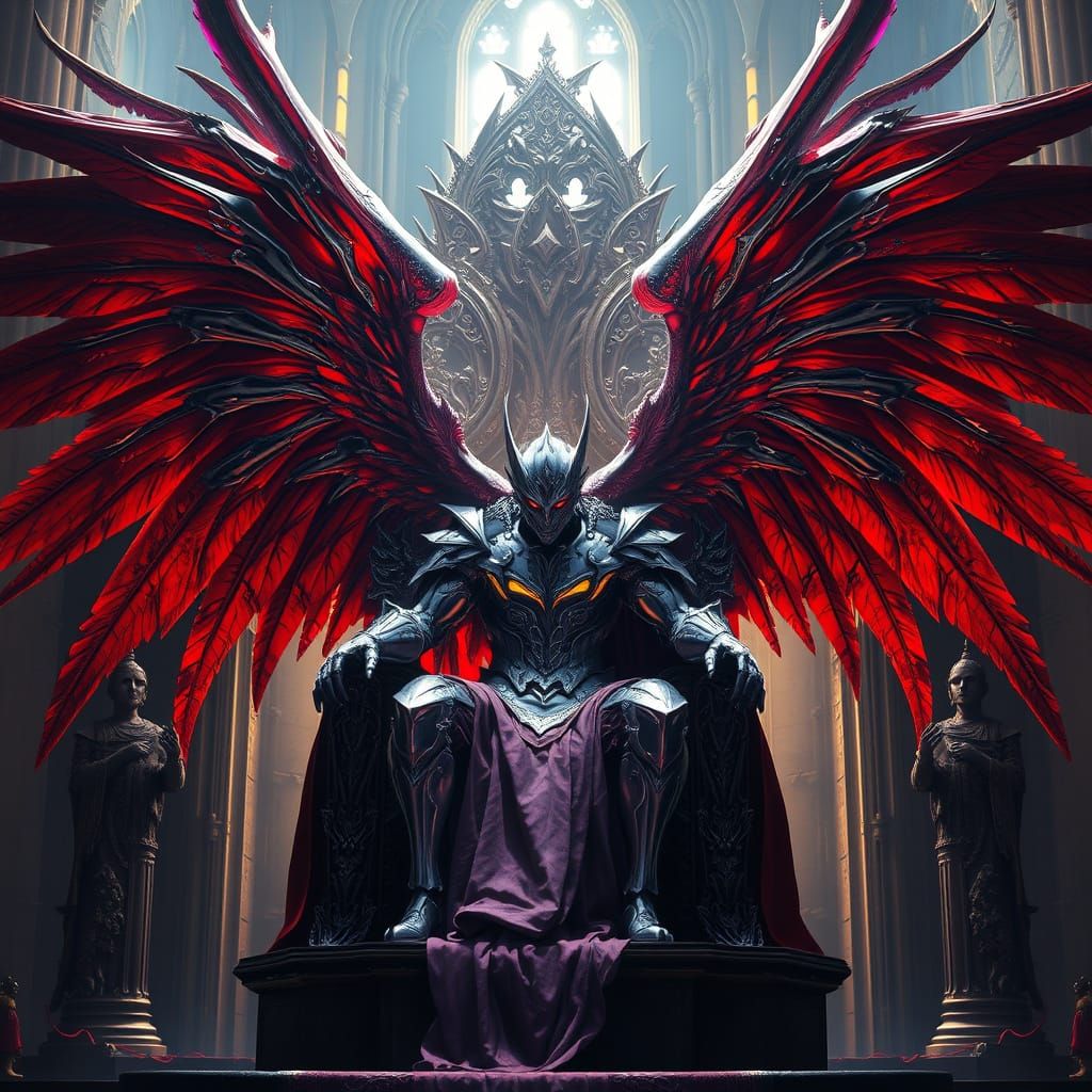 Majestic Fallen Angel on Gothic Throne in Dark Fantasy Style