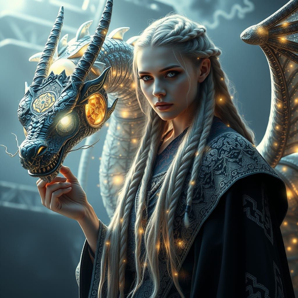 Sorceress and Energy Dragon in Ethereal Setting