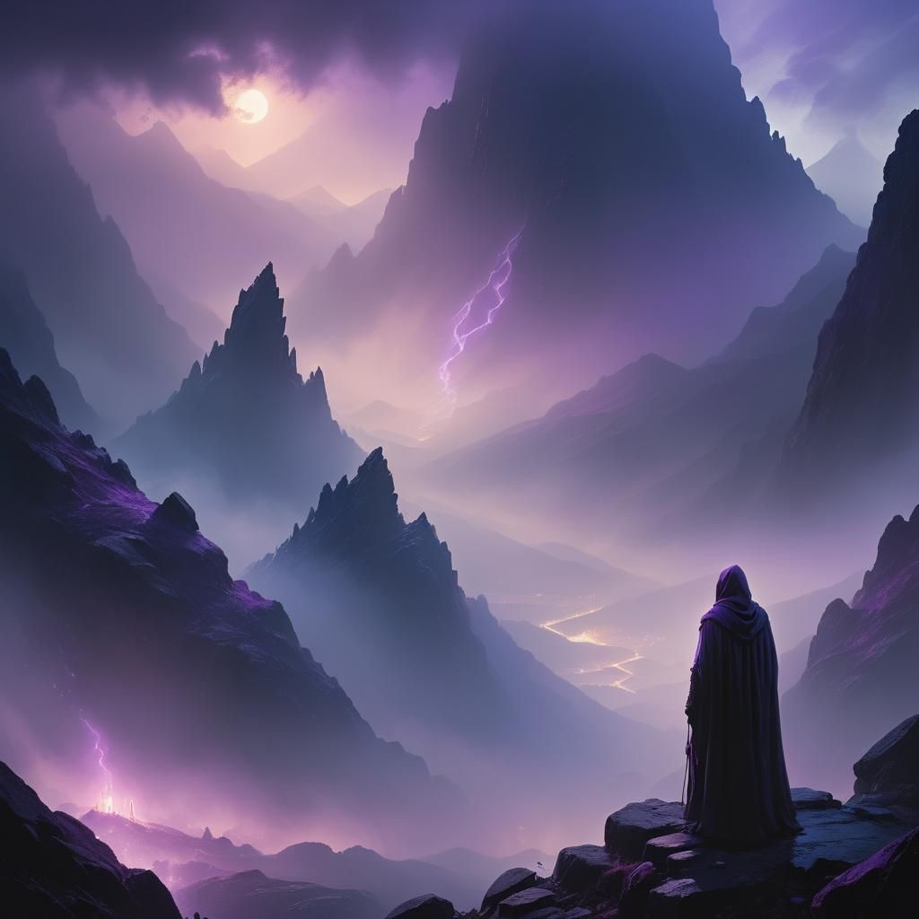 Mystical Figure Gazing at Glowing Horizon in Fantasy Art