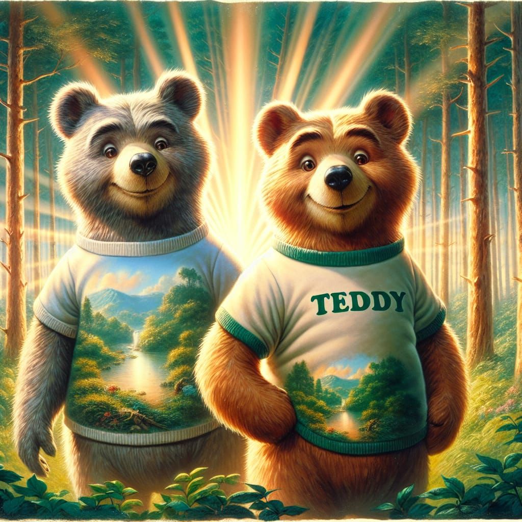 Charming Bears in Forest Landscape, Romantic Oil Painting