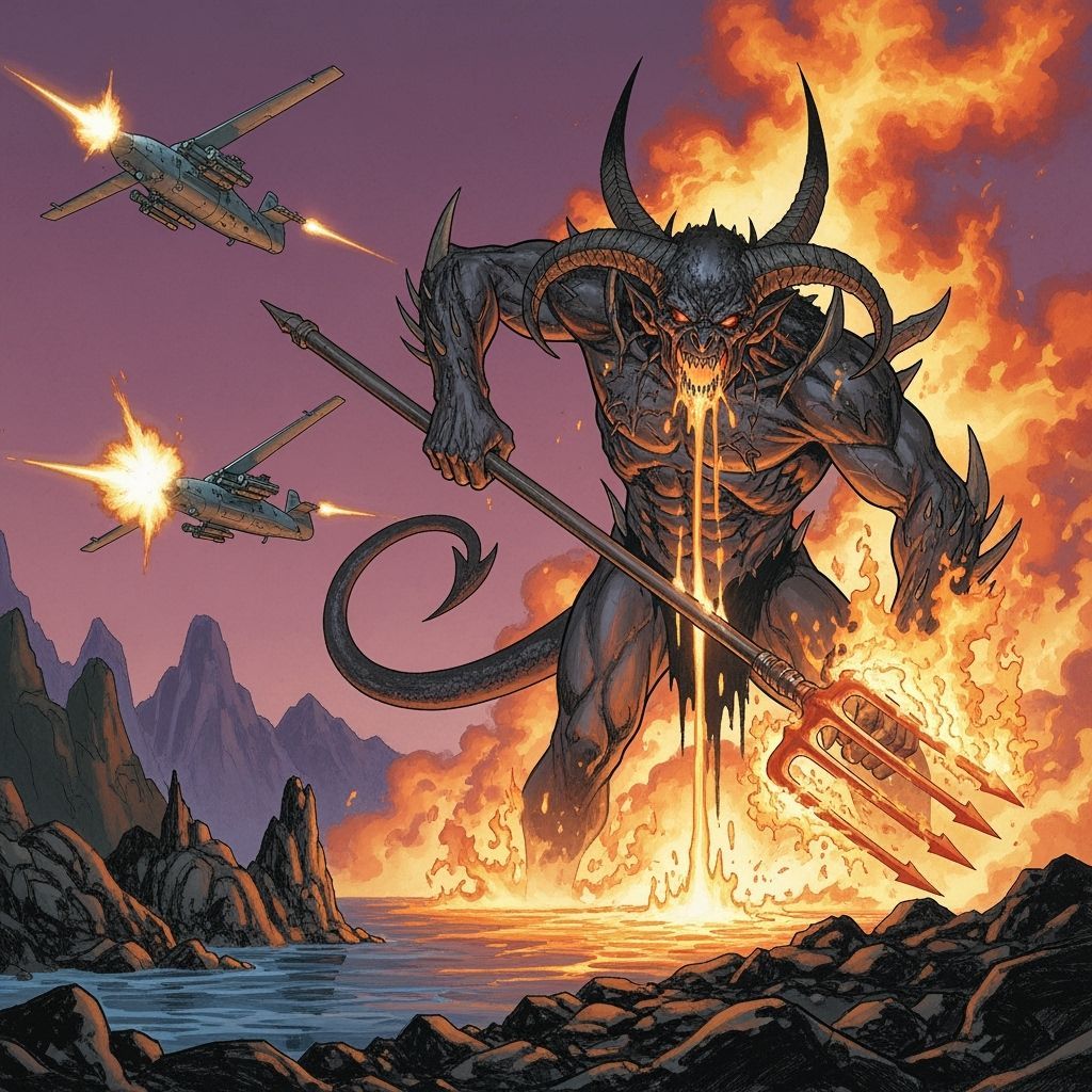 AC-130 Gunship Attacks Giant Demon in Gothic Comic Art