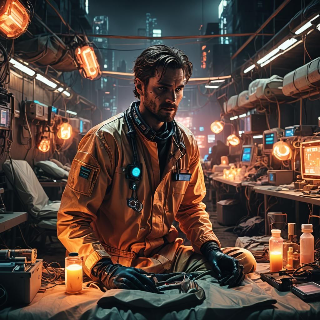 Cyberpunk Medic in Makeshift Field Hospital