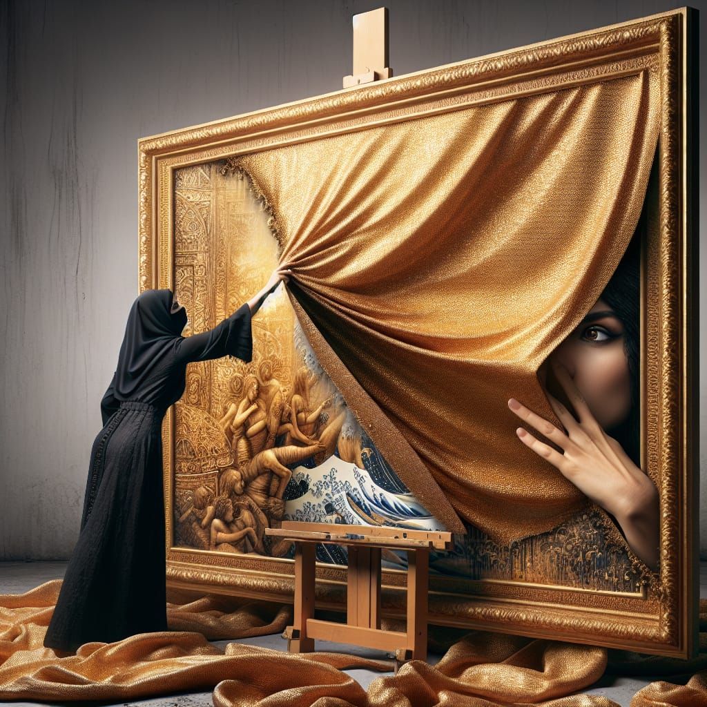 Woman Emerging from a Golden Tapestry Artwork