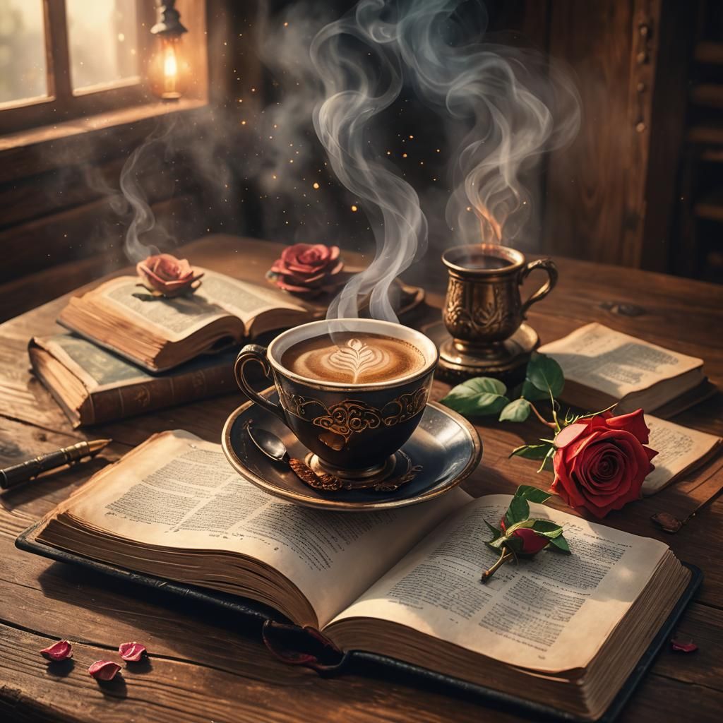 Coffee, Bible, Rose: Fantasy Concept Art Still Life