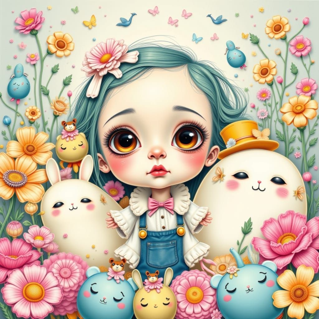 Whimsical Child Surrounded by Pastel Colors and Animals