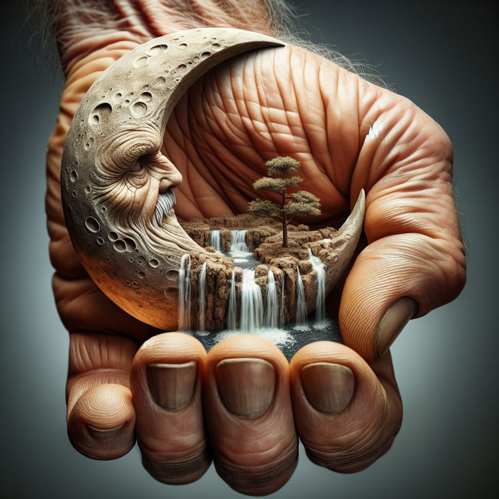 A large, weathered hand holding a crescent moon