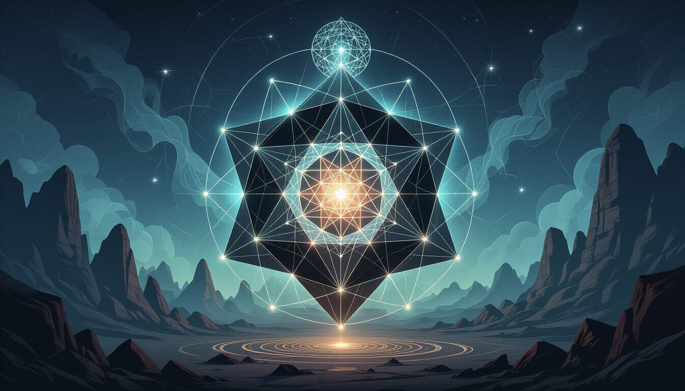 Ethereal Geometric Polyhedra in Occult Dimensional Scene