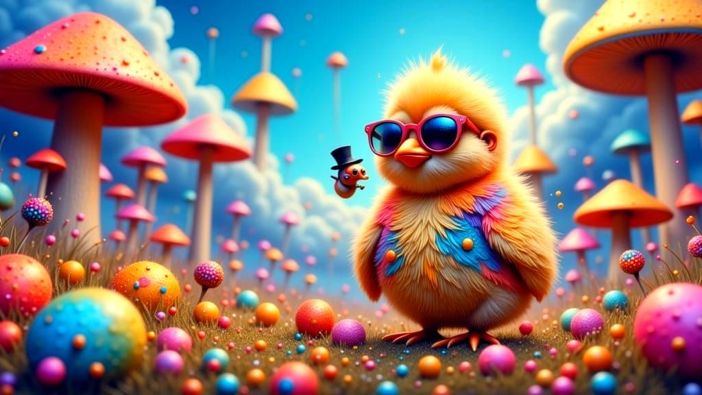 Grumpy Rainbow Chick in Psychedelic Meadow