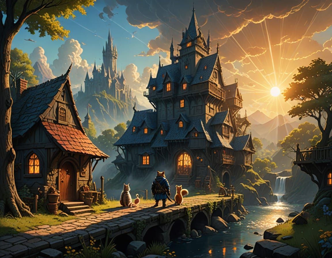 Wizard Cat and Adventurer Friends in a Vibrant Fantasy World